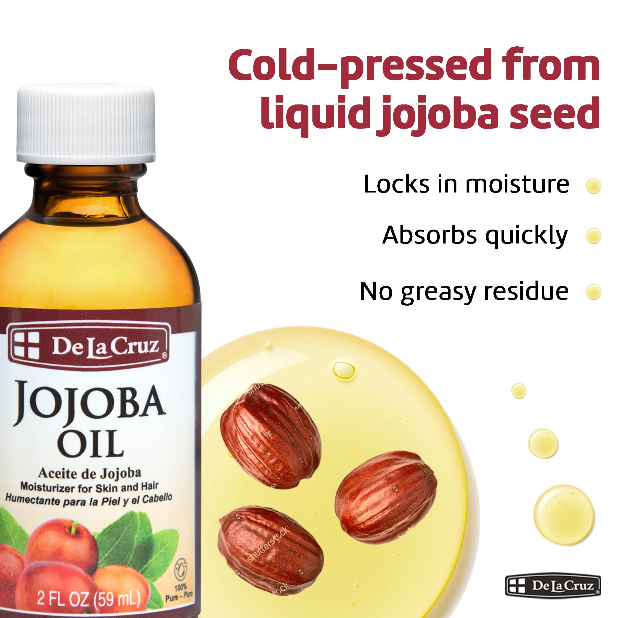 De La Cruz 100% Pure Cold-Pressed Golden Jojoba Oil - Organic Jojoba Oil for Hair and Skin - 2 FL OZ - 59 mL - Image 6