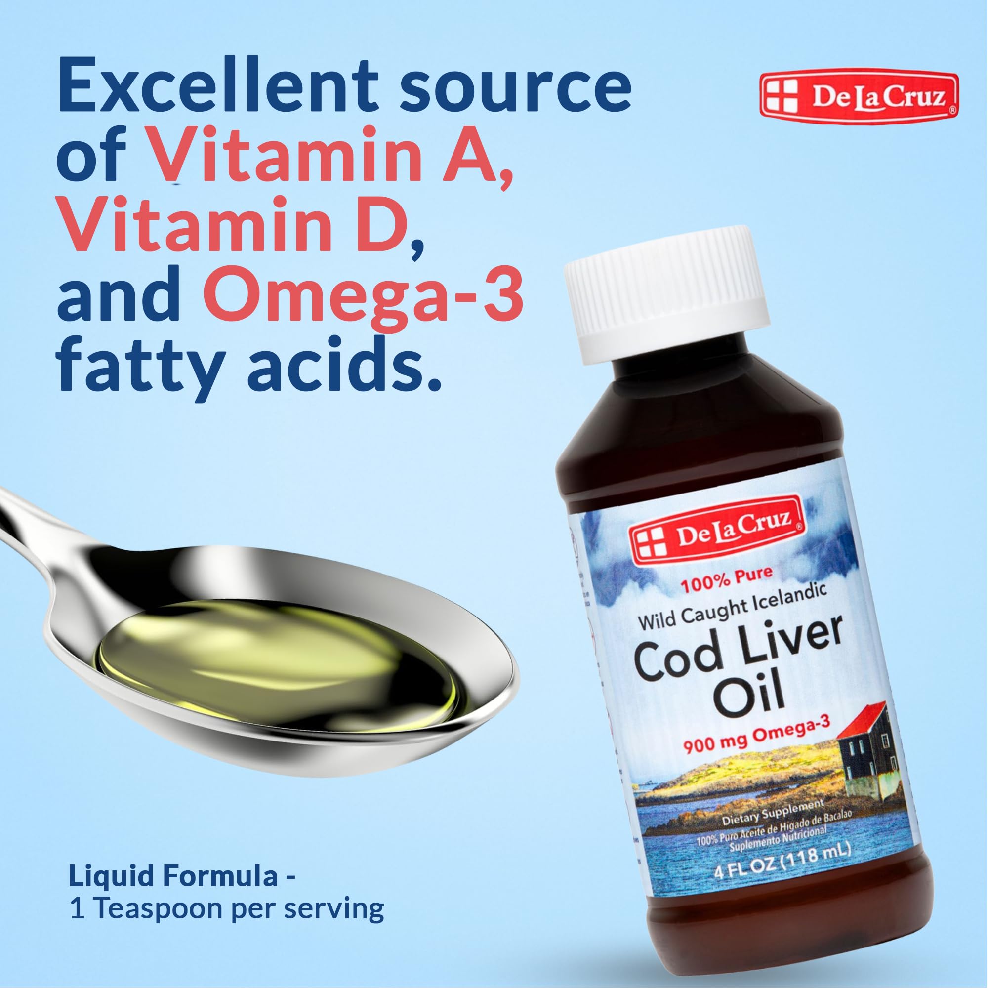 De La Cruz Cod Liver Oil Liquid Pure Wild Caught Icelandic Fish Oil Rich in Vitamin D & Omega 3 Fish Oil, Omega 3 Supplements 4 FL OZ (118 mL) - Image 3