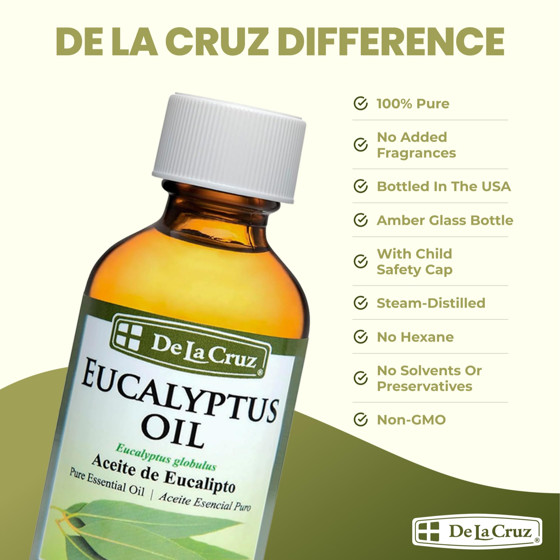 De La Cruz Eucalyptus Essential Oil Aromatherapy for Diffuser or Humidifier, 100% Pure Steam Distilled Eucalyptus Globulus 2 FL OZ (1 Bottle) - Image 4