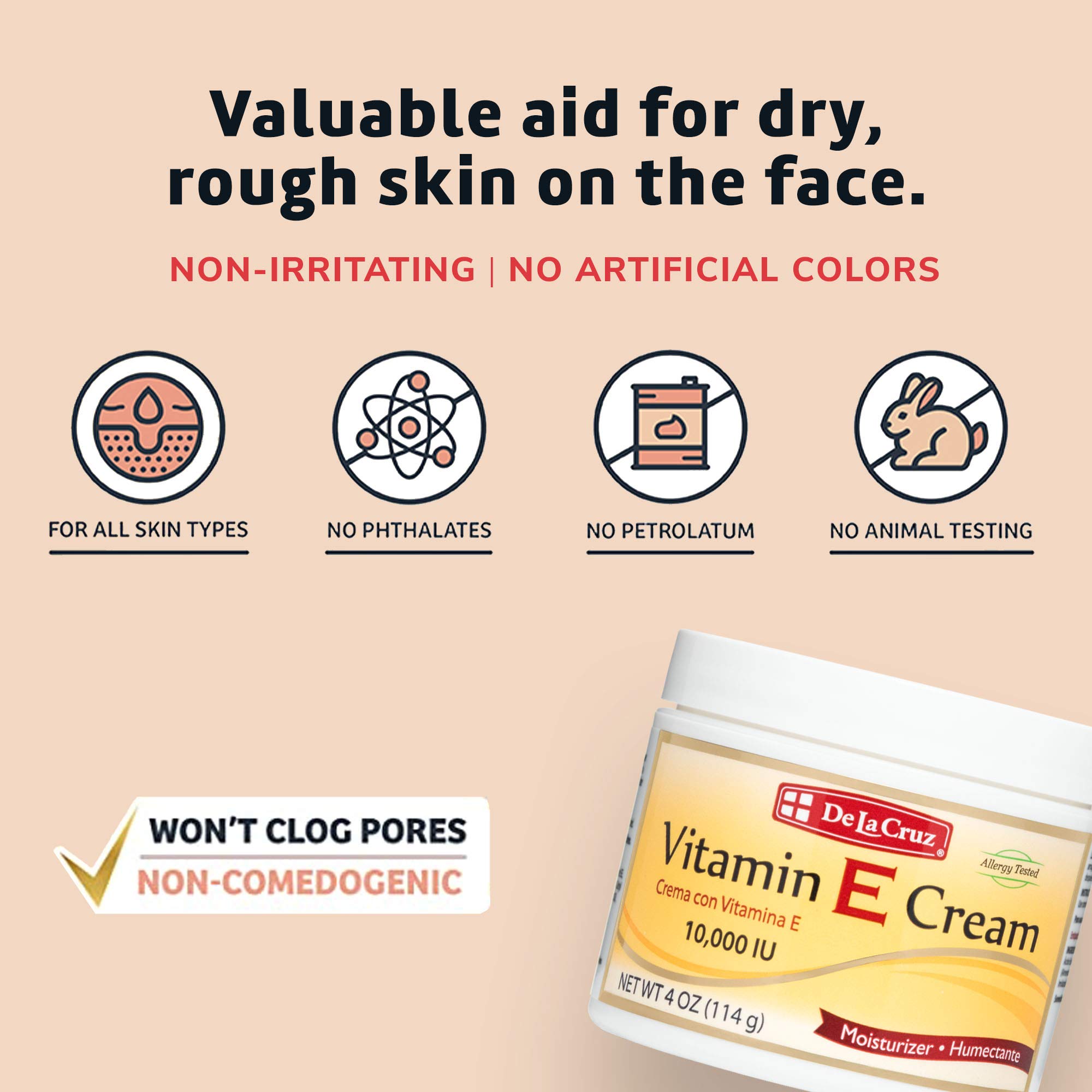 De La Cruz Vitamin E Cream Moisturizer for Face and Neck - Moisturizing Skin Care for All Skin Types - Made in USA, 2.6 oz Tube - Image 4